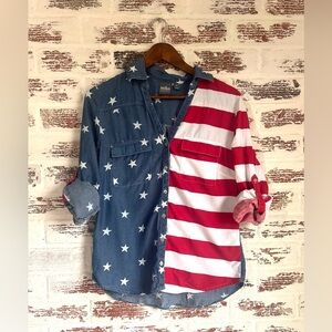 Soho NY&Co Americana Stars & Stripes Denim Button Down Shirt Patriotic Sz M